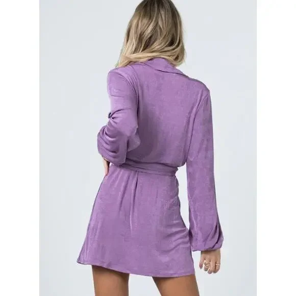 Princess Polly Party Time Collared Wrap Dress Purple 0 Balloon‎ Sleeve Shimmery - Picture 2 of 6